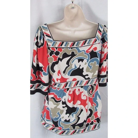 BCBG maxazria S black orange blue print top blouse women's Small - Picture 4 of 5